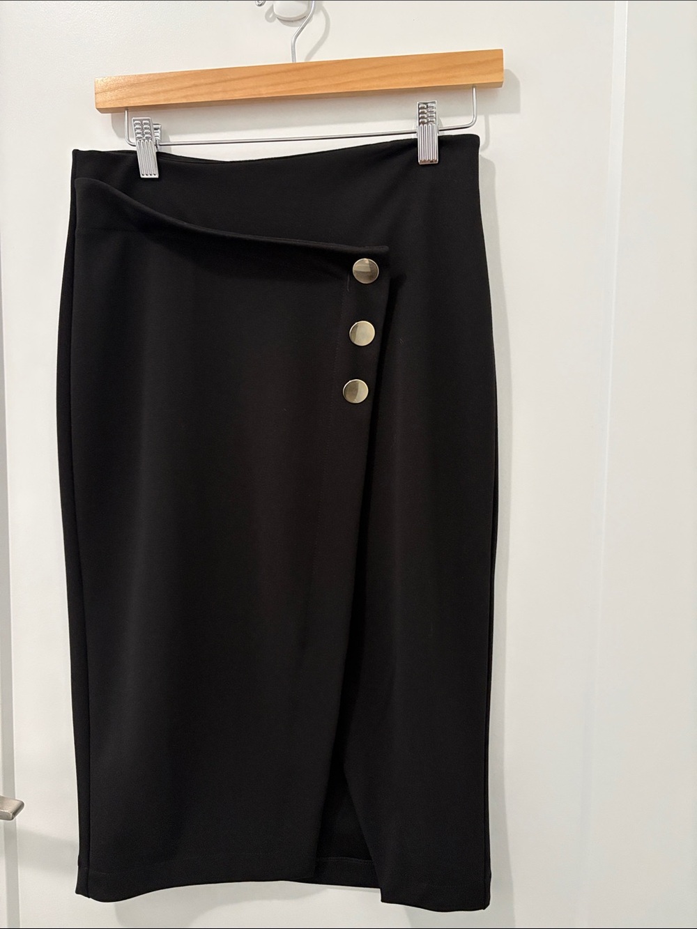 Rinascimento Black Wrap-Front Pencil Skirt with Gold Buttons